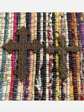 Set Of 2 Rusted Weathered Distressed Brown Cast Iron Crosses HEAVY Cross Wall